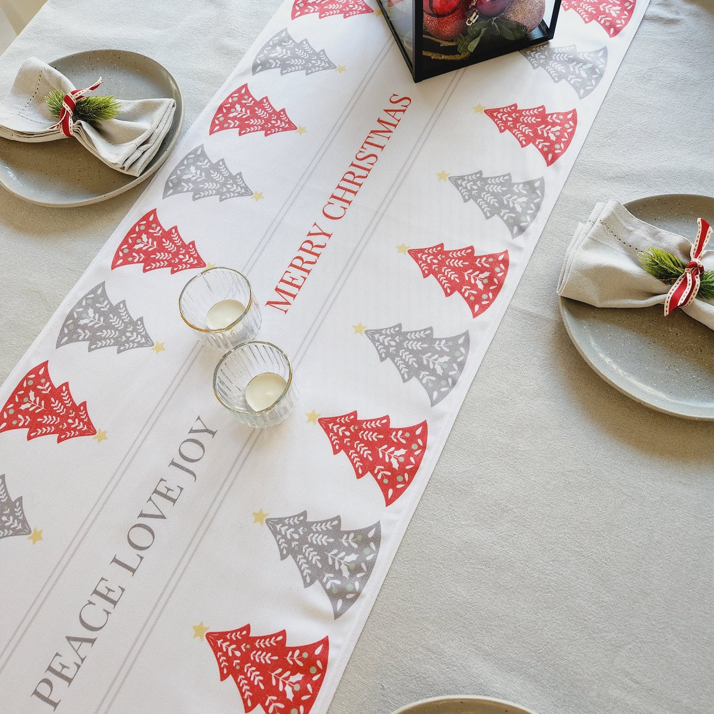 Cotton Twill Table Runner 'Red & Grey Christmas Trees'