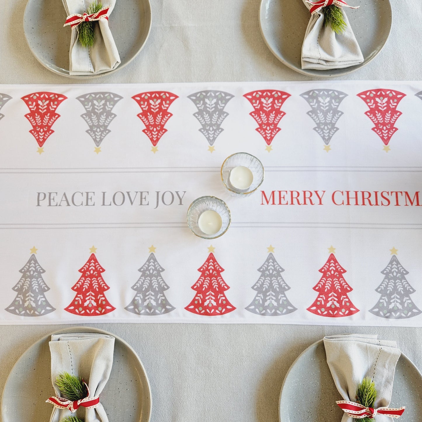 Cotton Twill Table Runner 'Red & Grey Christmas Trees'