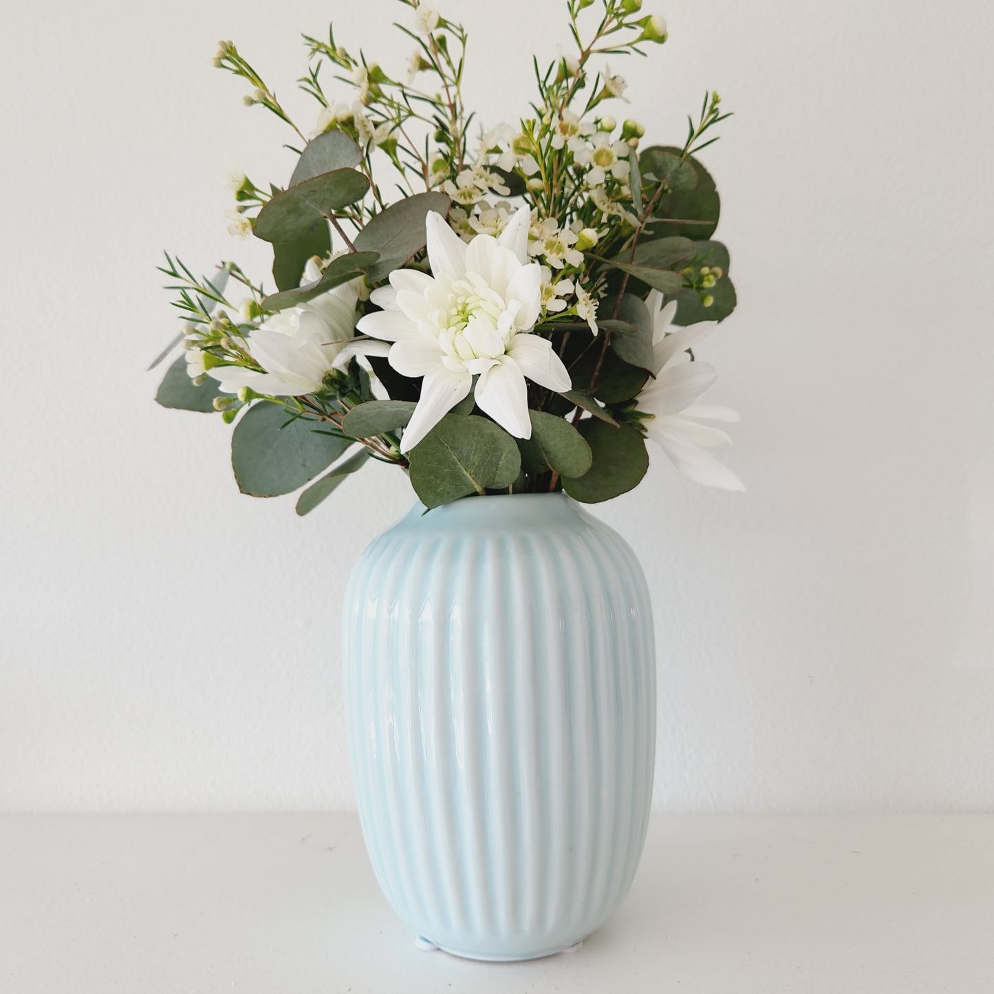 Ceramic Light Blue Vase with Distinct Lines