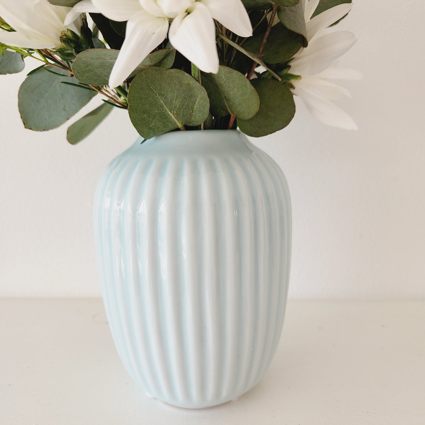 Ceramic Light Blue Vase with Distinct Lines