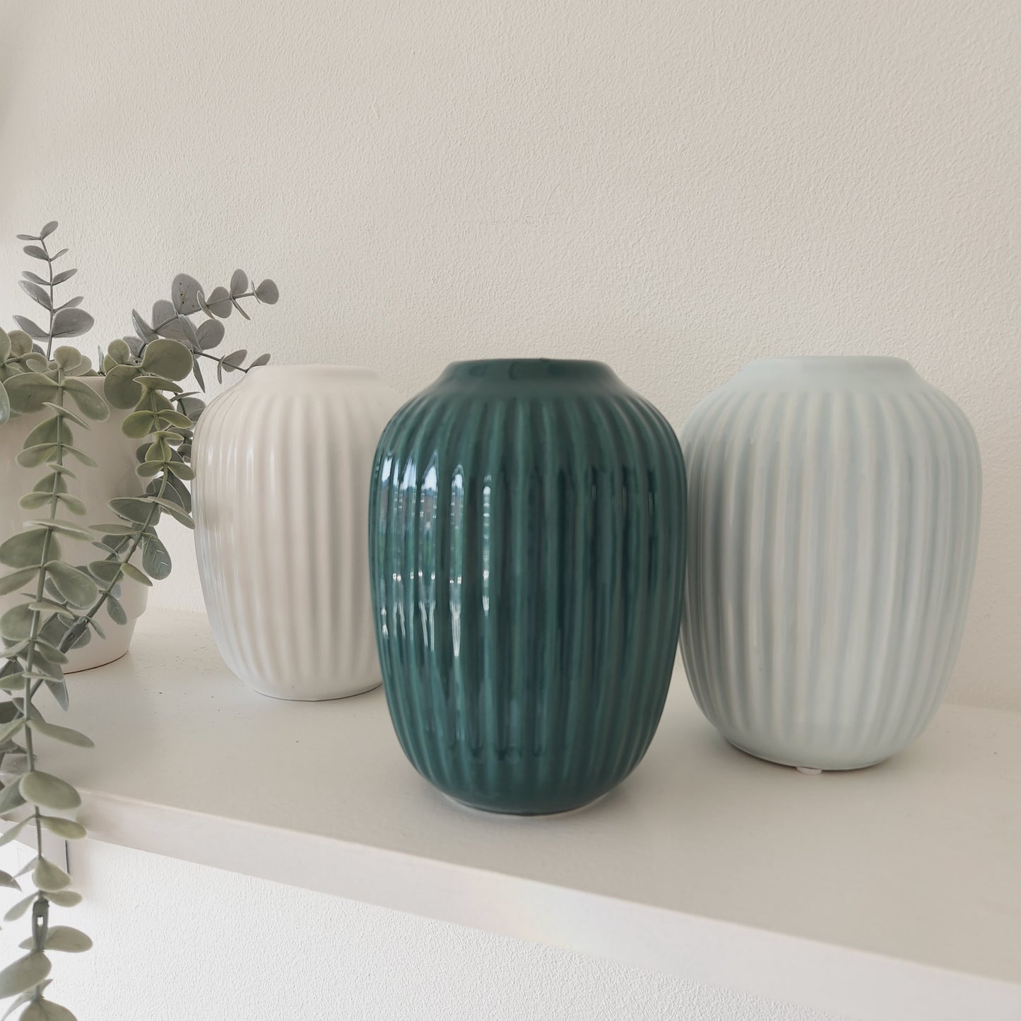 Ceramic Light Blue Vase with Distinct Lines