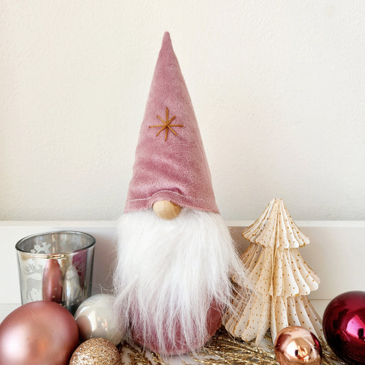Small Pink Velvet Gnome with Snowflake