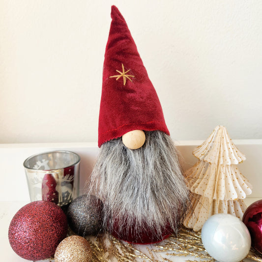 Small Dark Red Velvet Gnome with Snowflake
