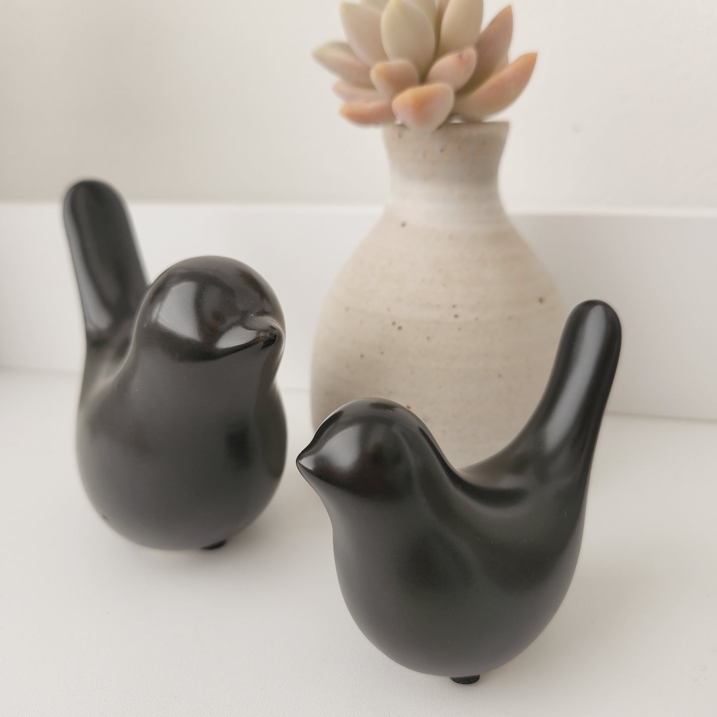 Set of 2 Black Ceramic Bird Ornaments