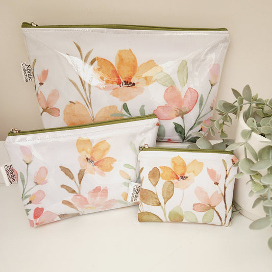 SET OF 3 - Toiletry Bag, Cosmetic Bag & Coin Storage Pouch 'Orange Blooms'