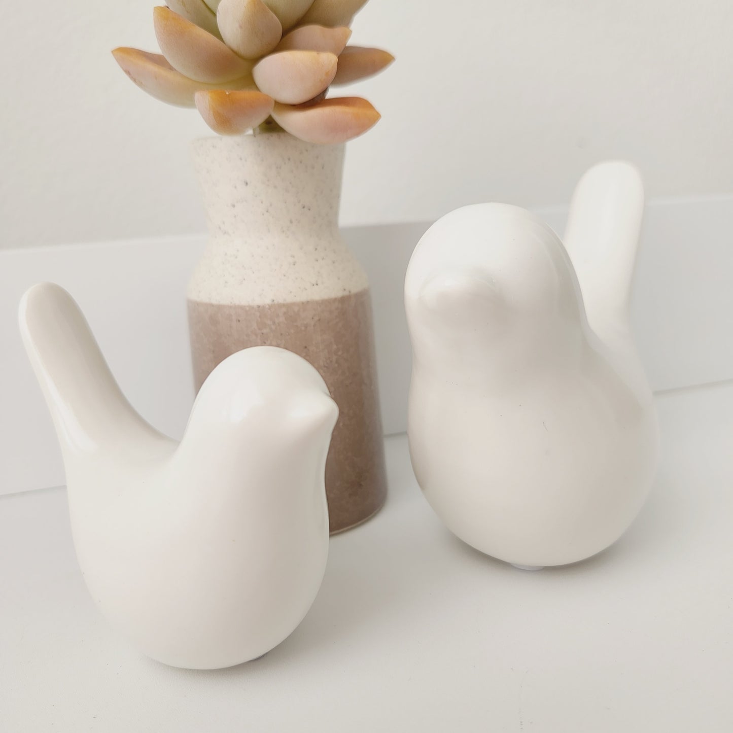 Set of 2 White Ceramic Bird Ornaments