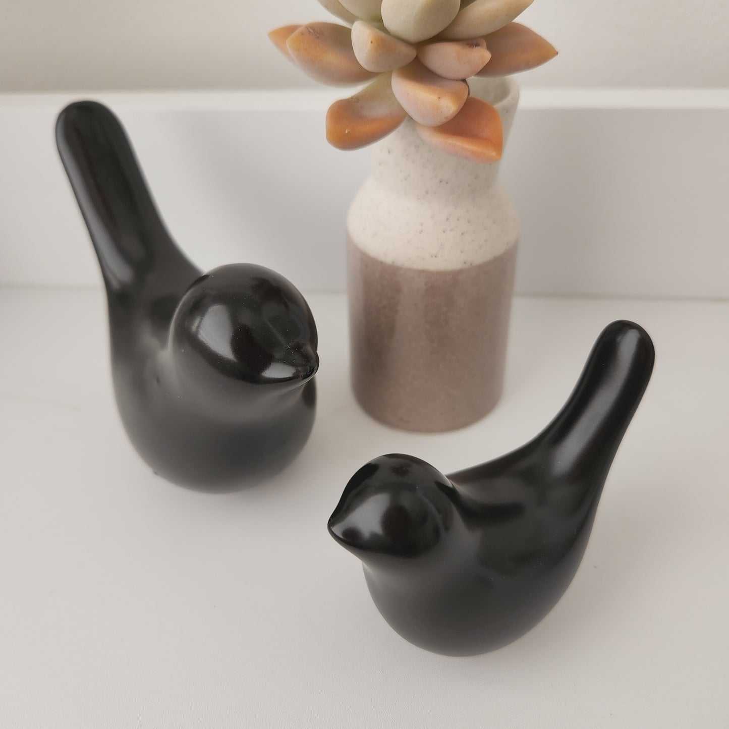 Set of 2 Black Ceramic Bird Ornaments