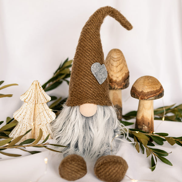 Brown Sitting Gnome with Dangly Legs & Grey Heart
