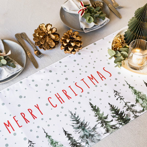 Table Runner with Merry Christmas & Trees - wholesale