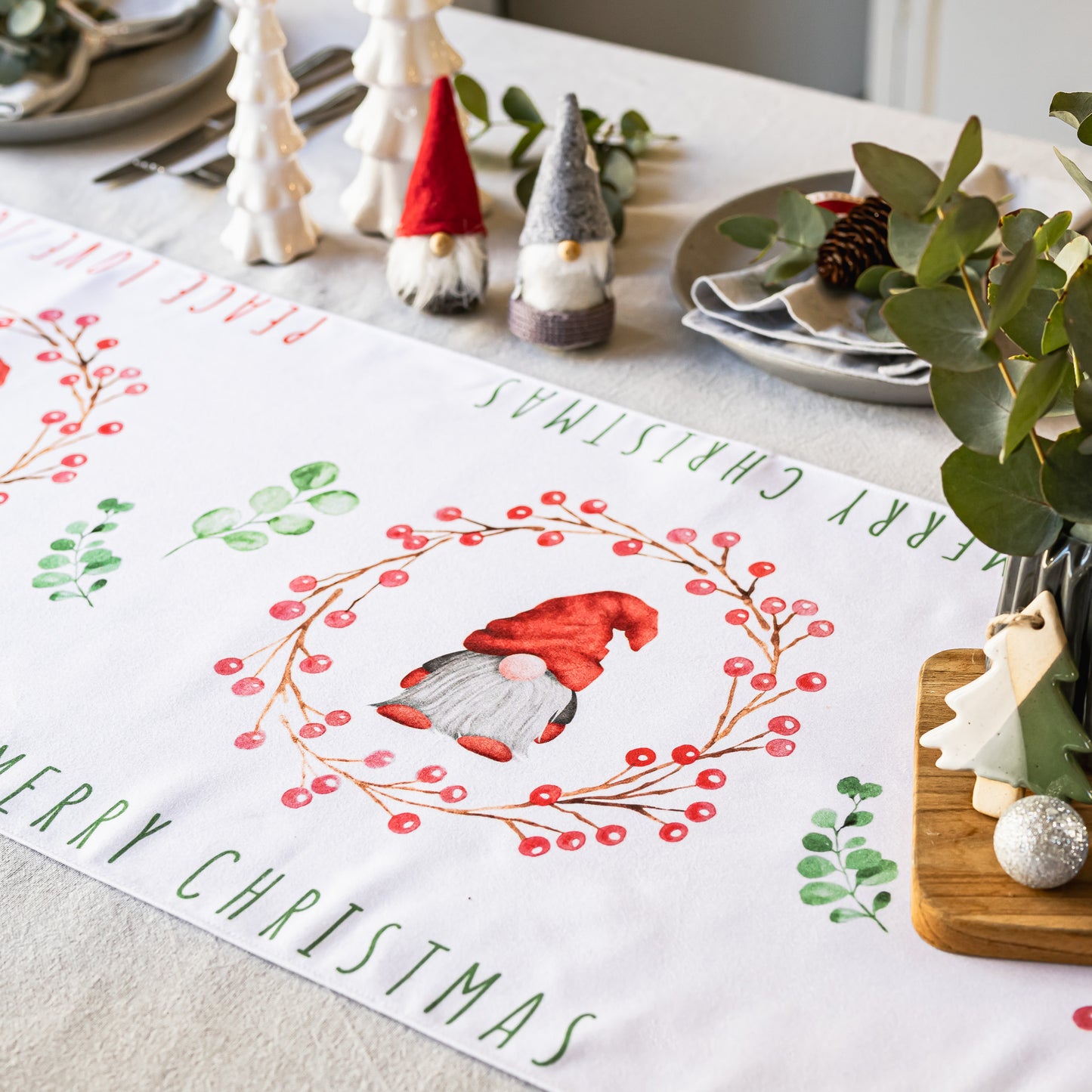 Table Runner with Christmas Gnomes & Wreaths