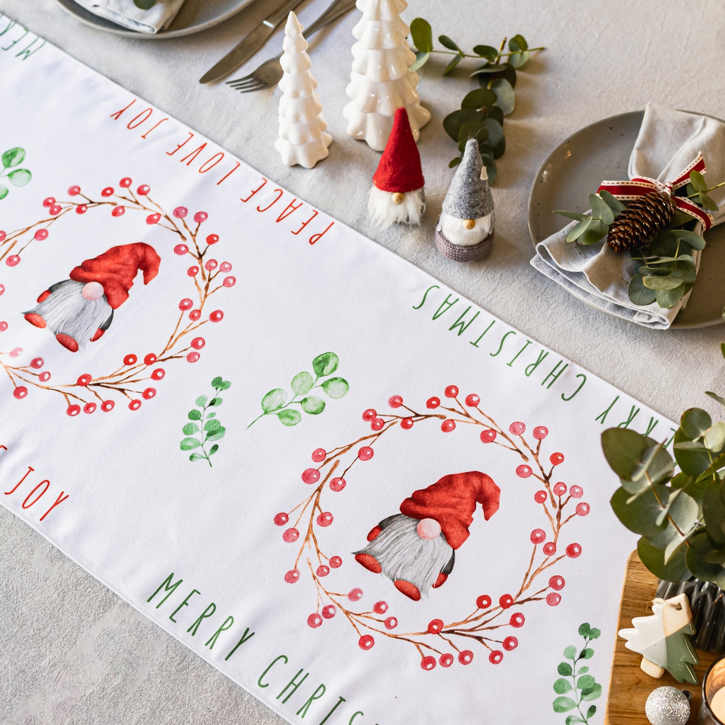 Table Runner with Christmas Gnomes & Wreaths