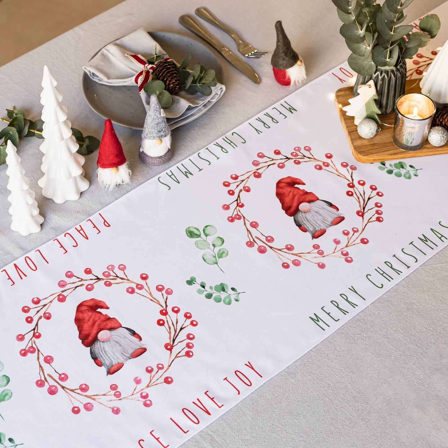 Table Runner with Christmas Gnomes & Wreaths