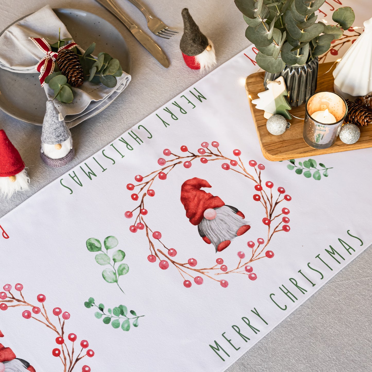 Table Runner with Christmas Gnomes & Wreaths