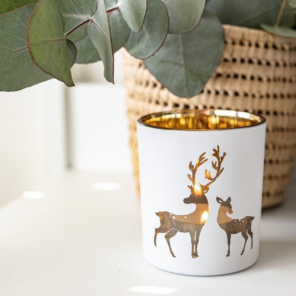 White & Gold Reindeer Candle Holder