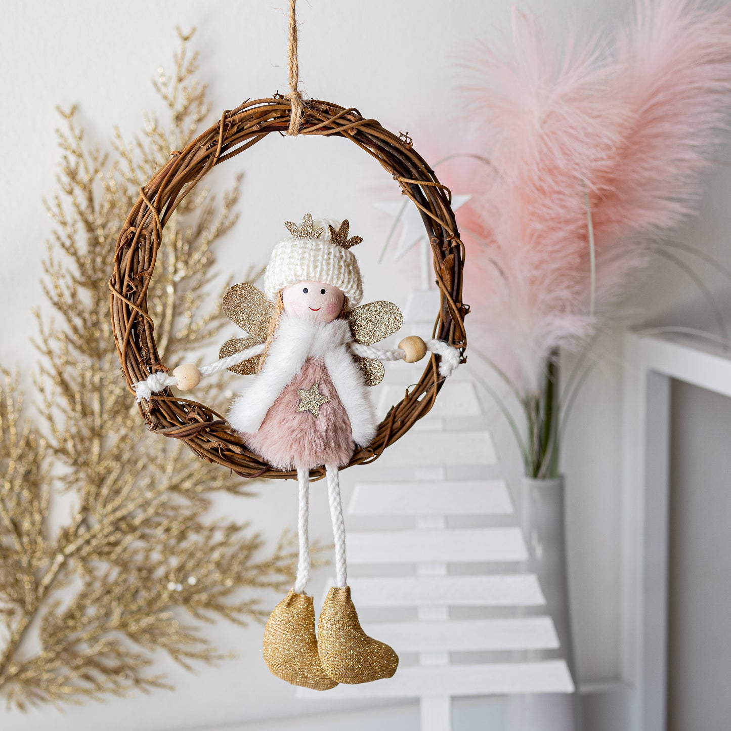 Pink Angel with Rattan Wreath