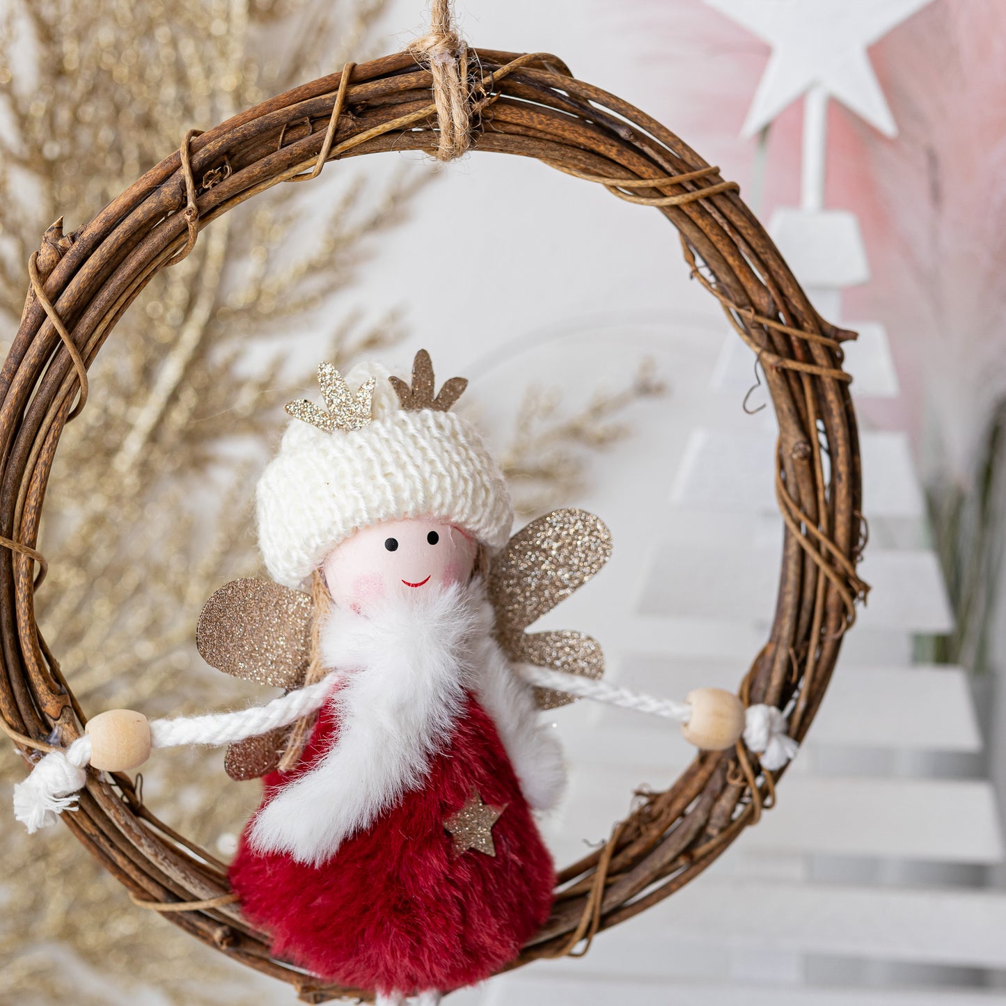 Red Angel with Rattan Wreath