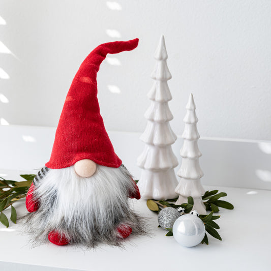 Red Sitting Boy Gnome with Knitted Hat