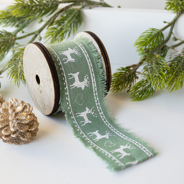 Green Fabric Gift Ribbon with Reindeer - wholesale