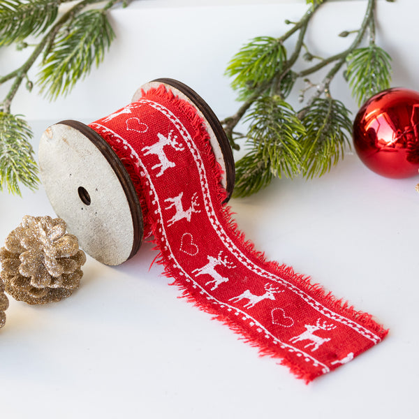 Red Fabric gift Ribbon with Reindeer