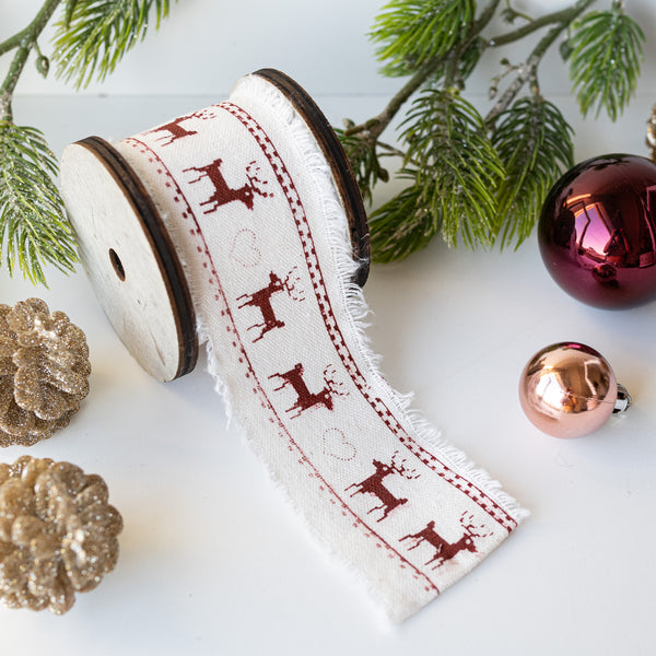 Red/White Fabric Gift Ribbon with Reindeer - wholesale