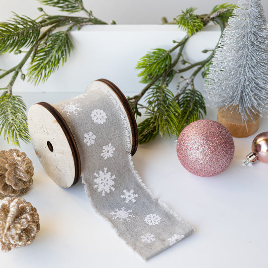 Grey Fabric Gift Ribbon with Snowflakes