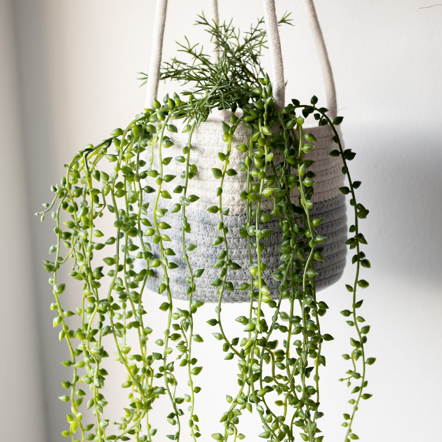 Grey & White Hanging Rope Basket