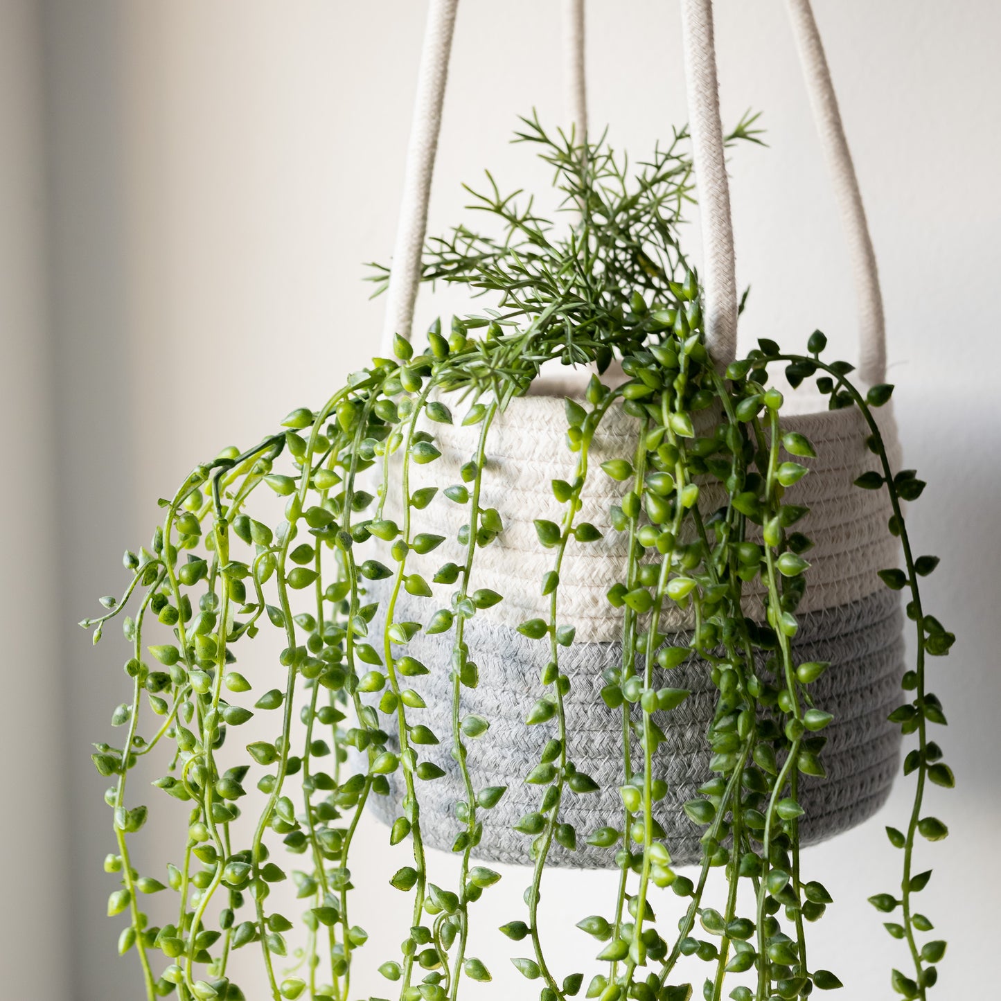 Grey & White Hanging Rope Basket