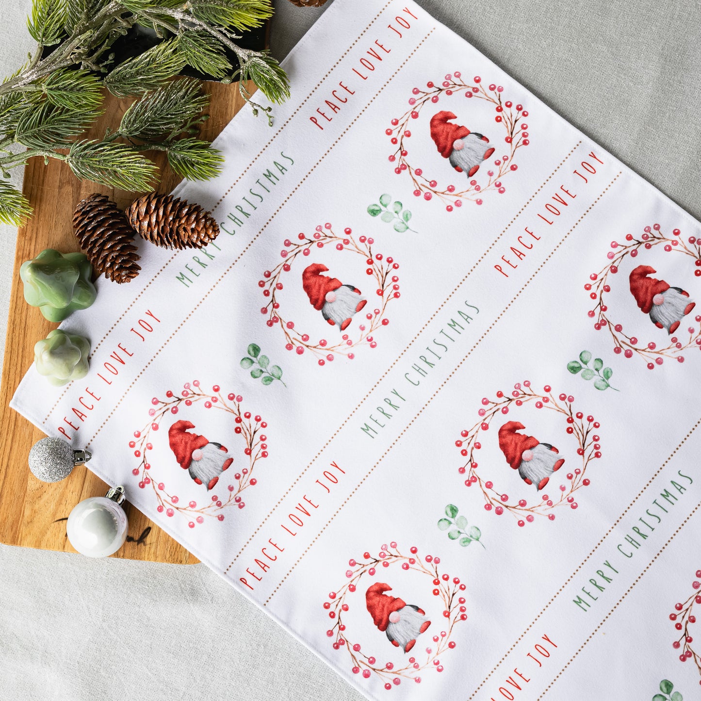 Tea Towel with Christmas Gnomes & Wreaths