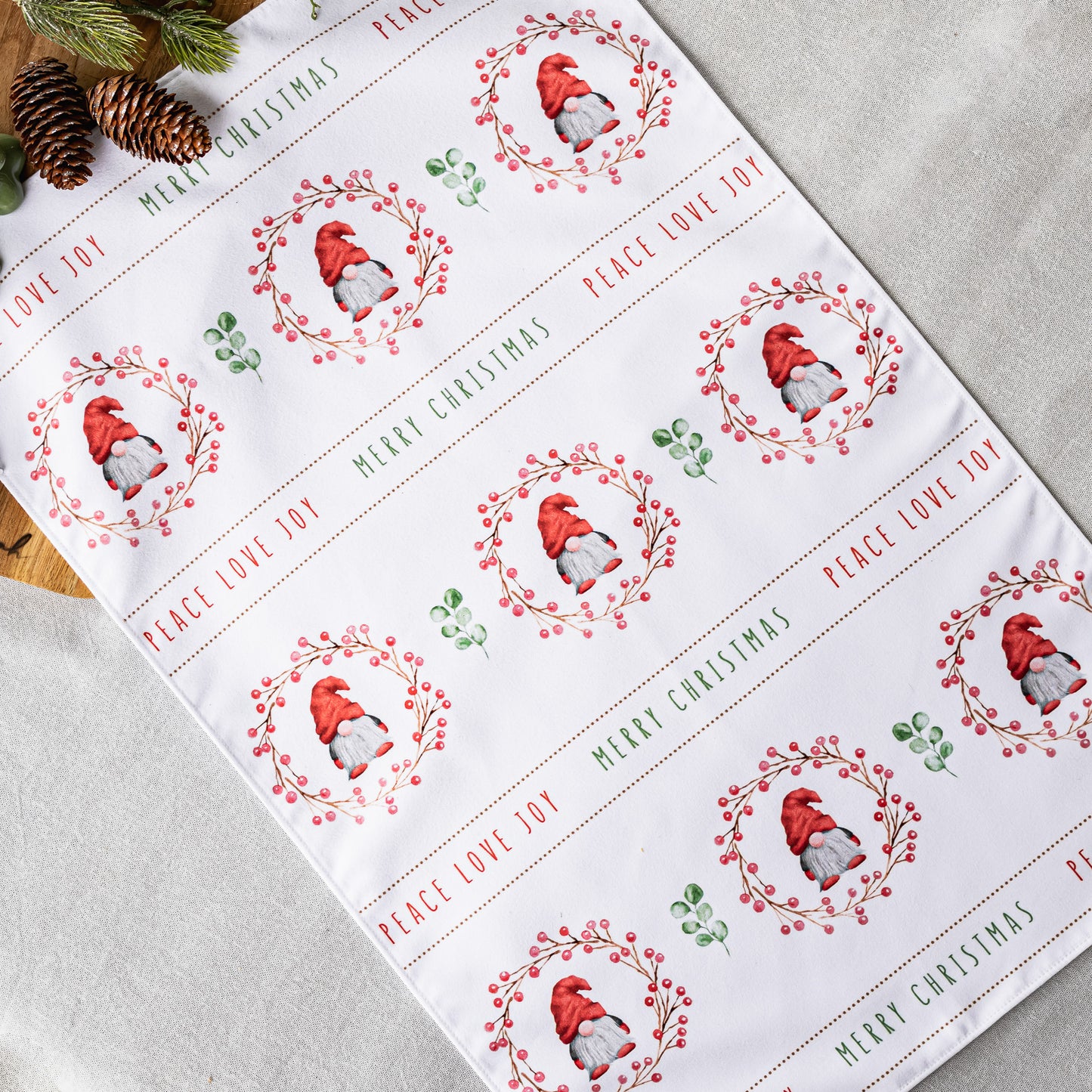 Tea Towel with Christmas Gnomes & Wreaths