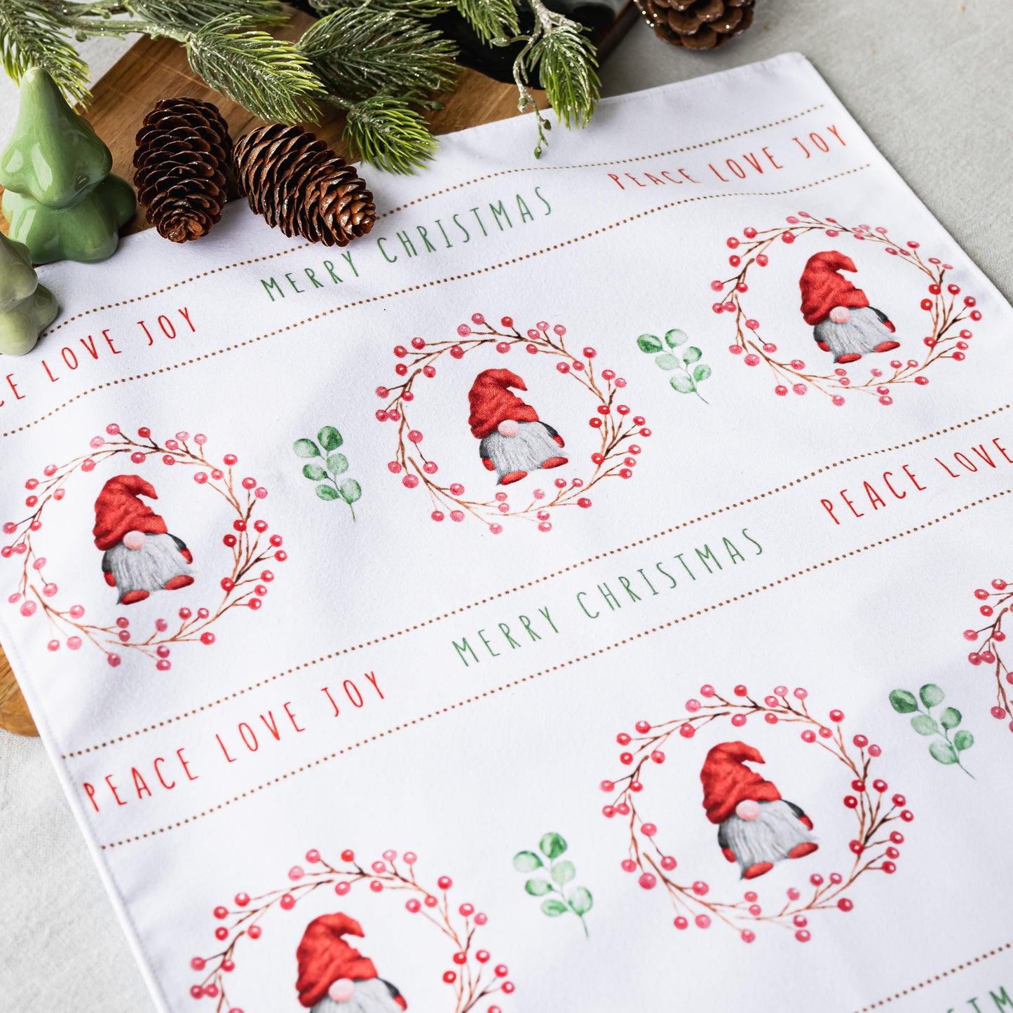 Tea Towel with Christmas Gnomes & Wreaths