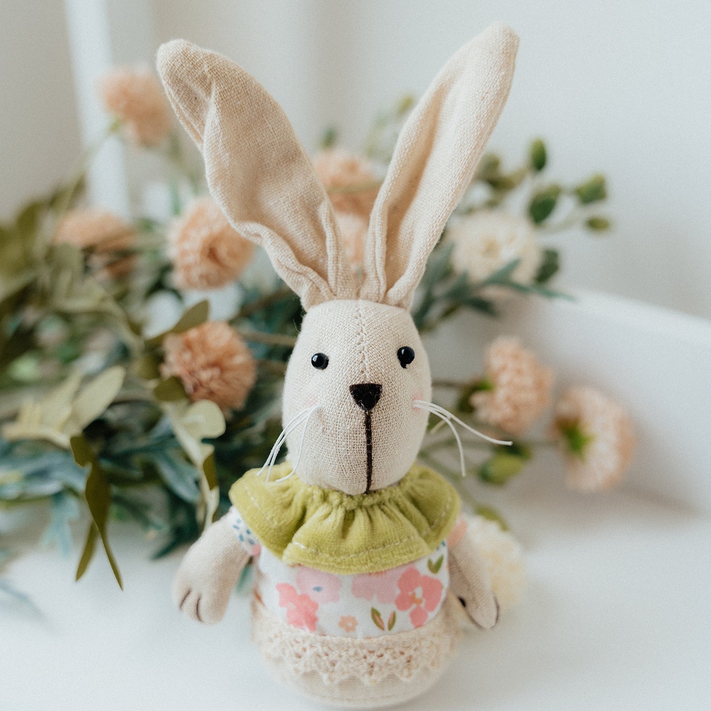 Linen Bunny with pink flower dress