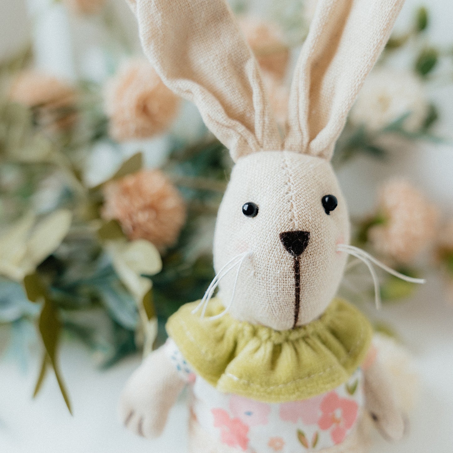 Linen Bunny with pink flower dress