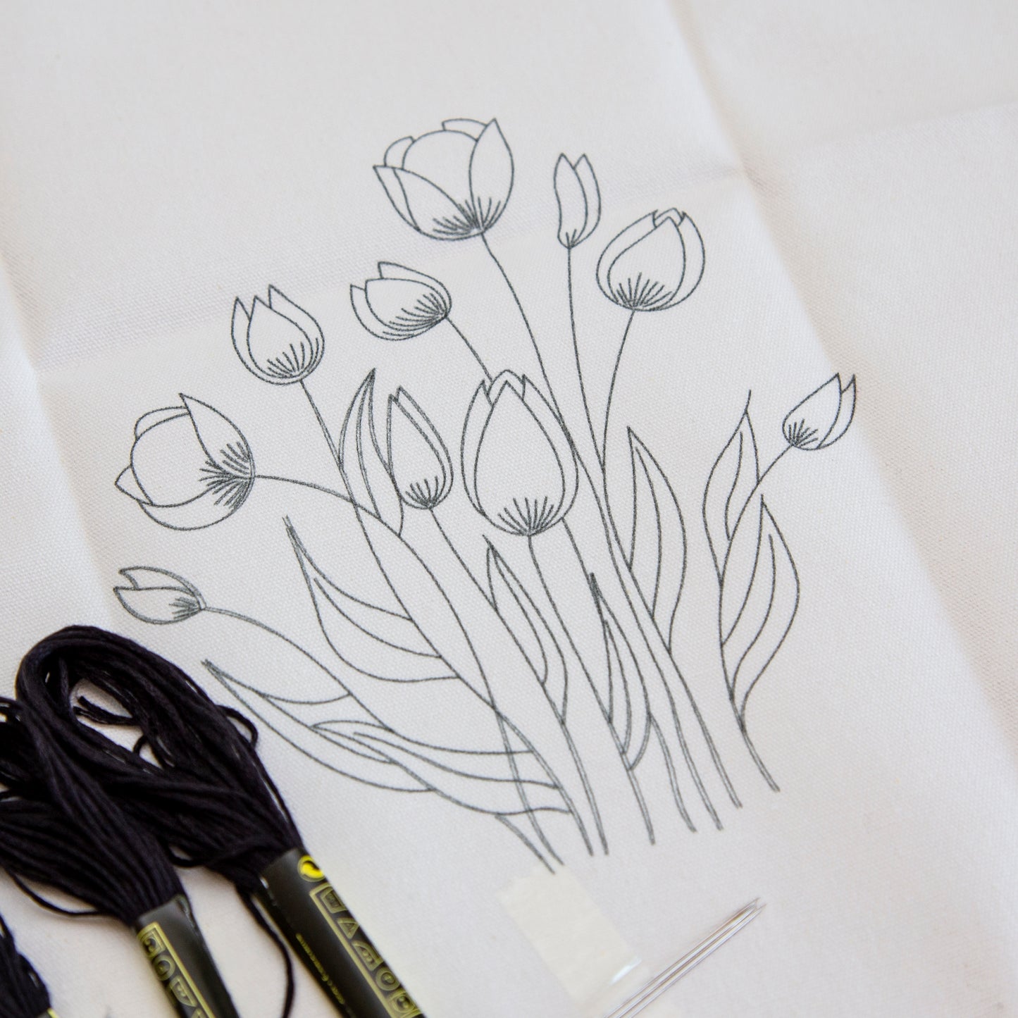 Black embroidery DIY craft kit with hoop - TULIPS