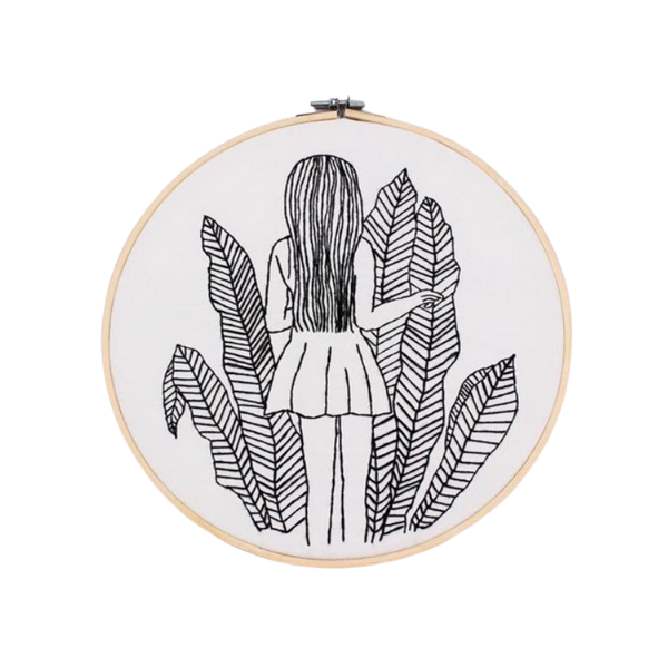 Black embroidery DIY craft kit with hoop - STANDING GIRL