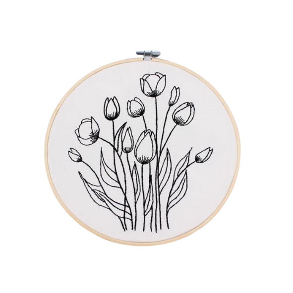 Black embroidery DIY craft kit with hoop - TULIPS