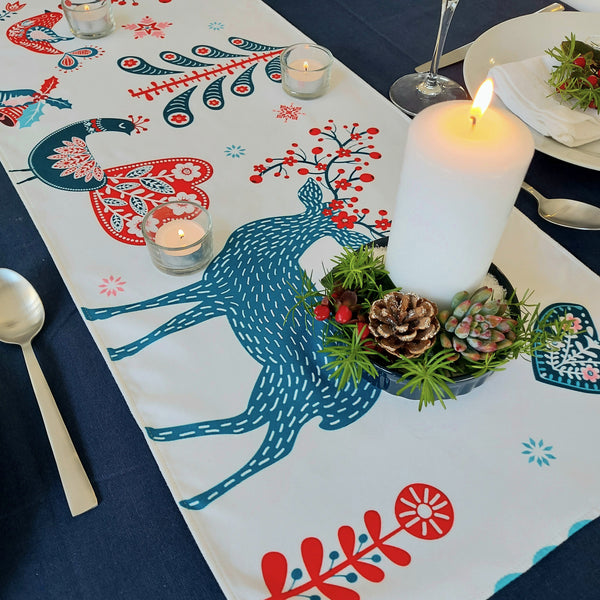 Table Runner with Blue & Red Reindeer - Wholesale