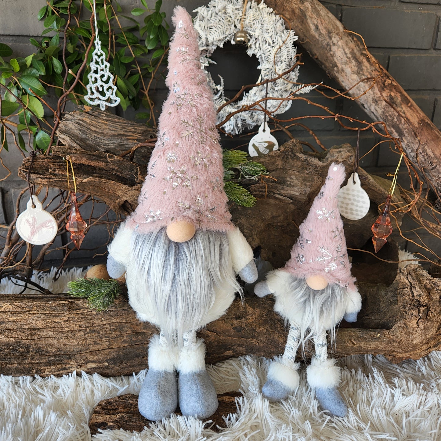 Pink Gnome with Silver Snowflakes 52cm