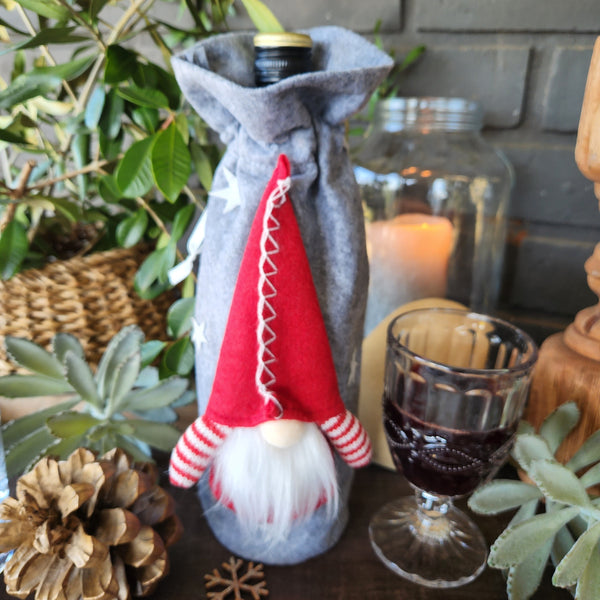 Christmas Gnome Wine Bottle Gift Bag - GREY