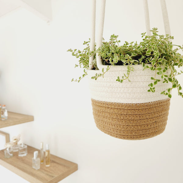 Natural & White Hanging Cotton Rope Planter Basket - Wholesale
