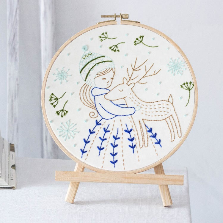 Embroidery DIY craft kit with hoop - BLUE GIRL & DEER - Wholesale
