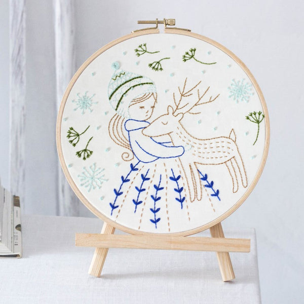 Embroidery DIY craft kit with hoop - BLUE GIRL & DEER
