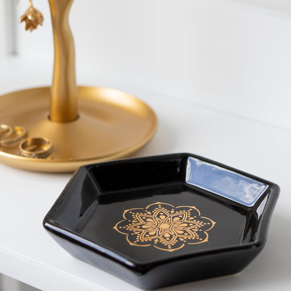 Ceramic Jewellery Trinket Dish with Mandala Pattern - BLACK - wholesale