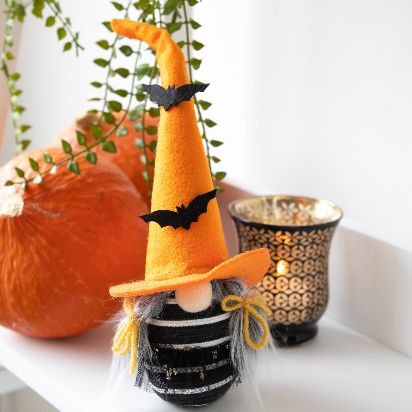 Scandinavian Halloween Girl Gnome with Bats - ORANGE