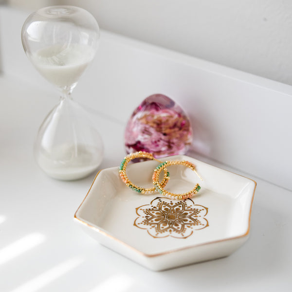Ceramic Jewellery Trinket Dish with Mandala Pattern - WHITE
