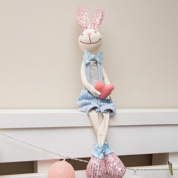Blue fabric Rabbit with sequin ears & feet with dangly legs sitting - Wholesale