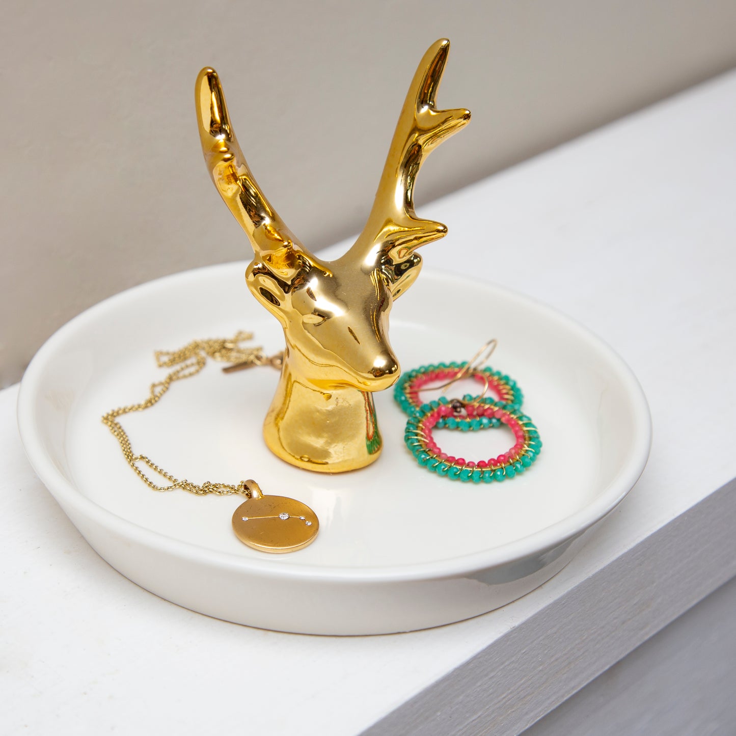 Nordic Style White & Gold Ceramic Elk Jewellery Holder